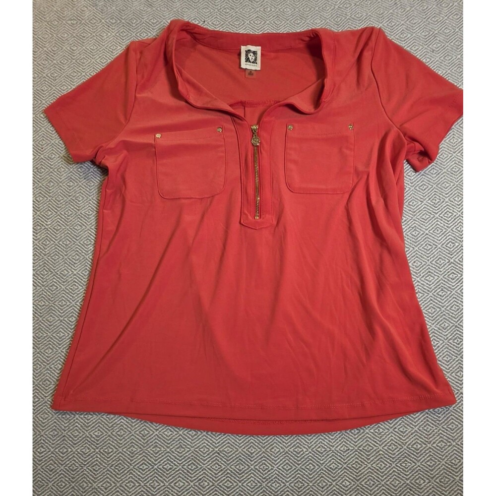 Anne Klein Orange Zip Front Short Sleeve Top Fashion Blouse Women’s Size M